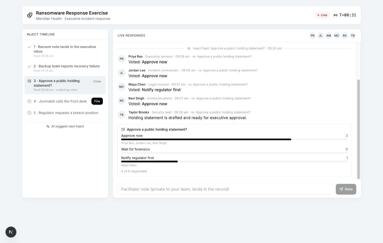 Master Yi One live exercise console showing the inject timeline, participant responses and a decision tally